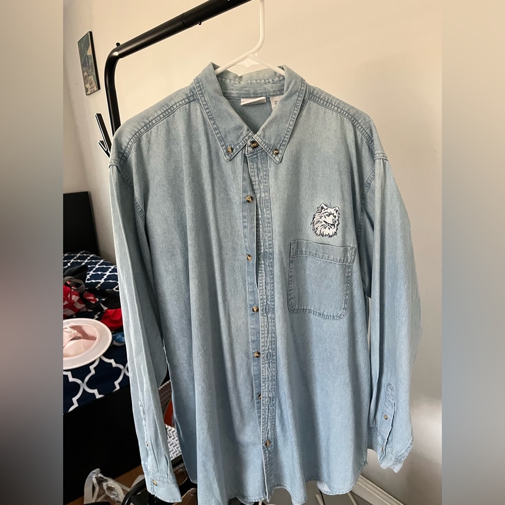 Light Blue Denim Button-Up Shirt with Uconn Husky Patch